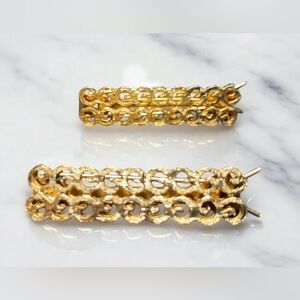 Vintage 60’s Filigree’s Hair Barrettes Gold Tone with Pinch Wire Clasp
